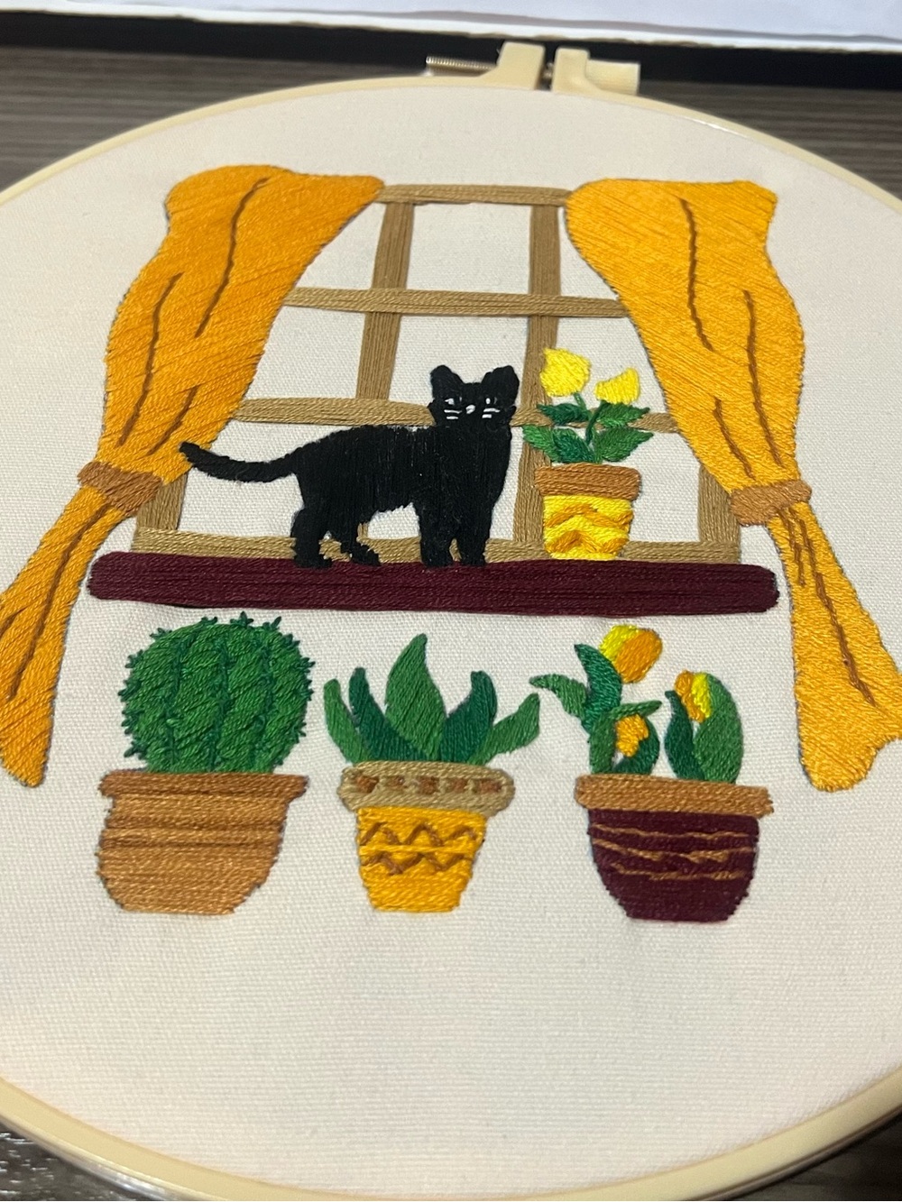 Hand-Embroidered Window Scene with Black Cat and Yellow Curtains NWOT